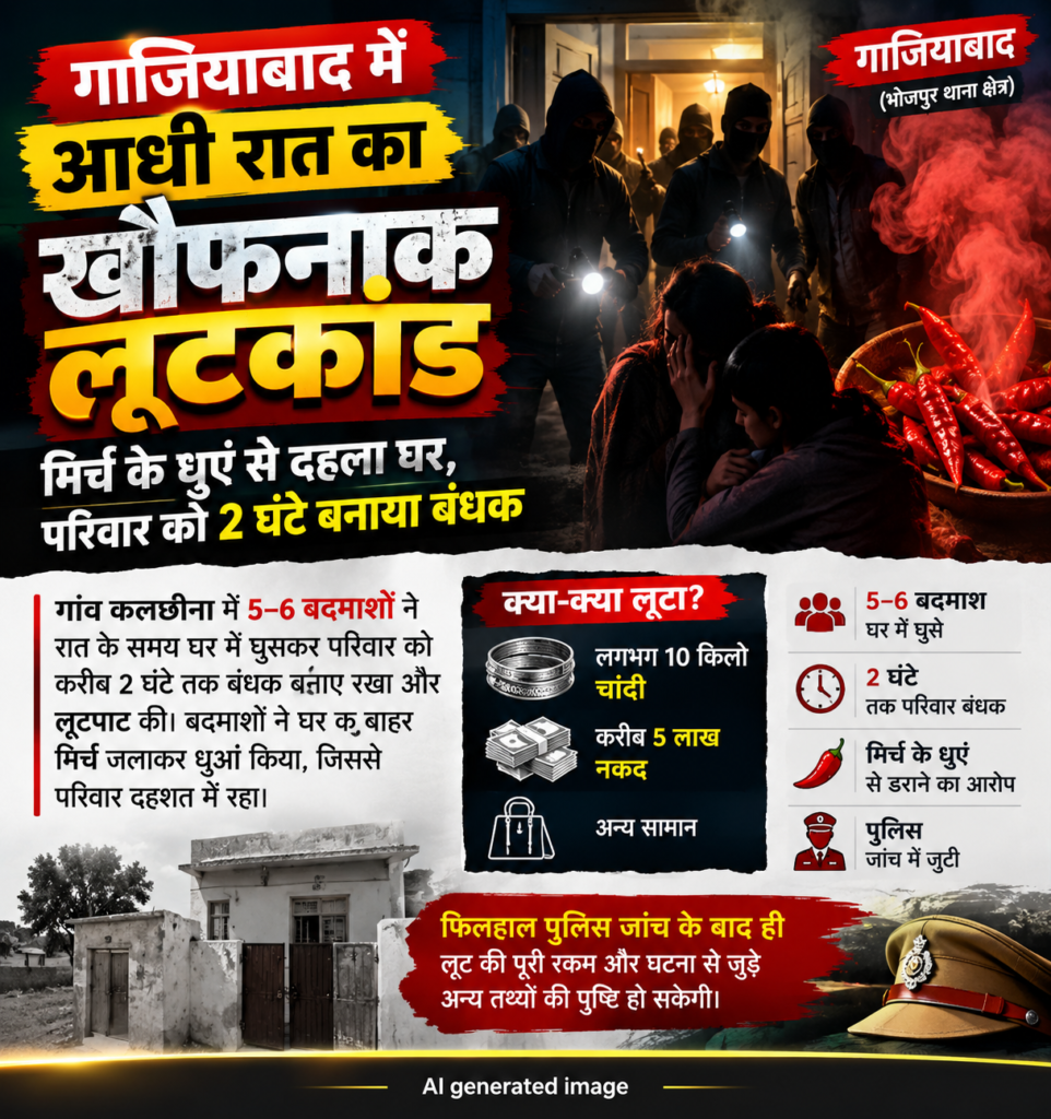 गाजियाबाद में आधी रात डकैती !!!: परिवार को 2 घंटे बंधक बनाया, 10 किलो चांदी और ₹5 लाख नकदी की लूट!!!